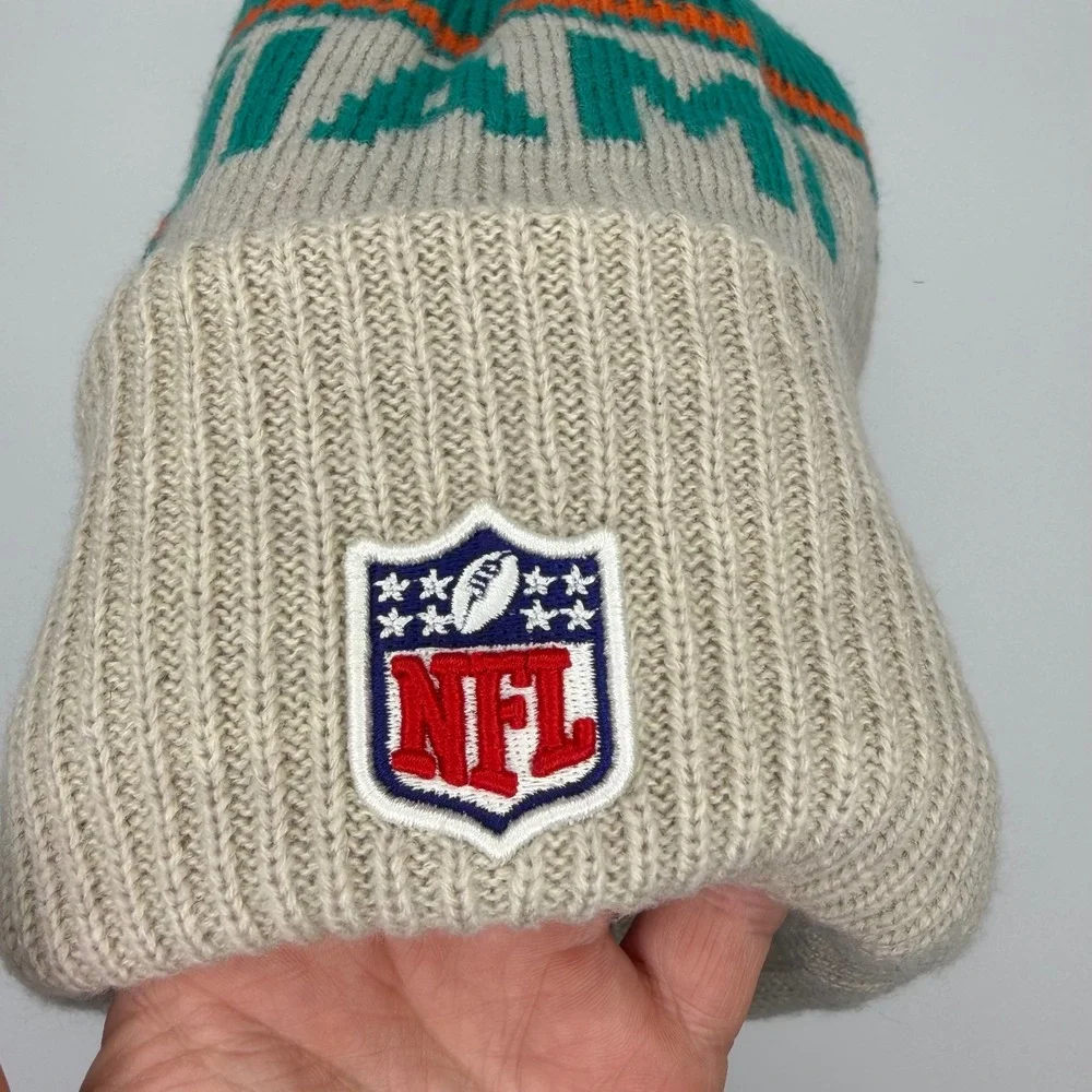 New Era Miami Dolphins NFL Knit Pom Beanie Hat Grey Teal Orange‎ Fleece Lined OS